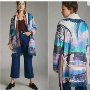 NWT Anthropologie Sunset Fringe Belted Cardigan Blanket Jacket MP